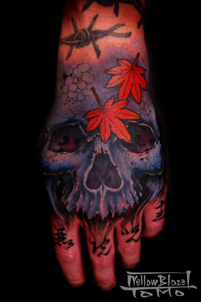 Awesome Blue Japanese Skull Hand Tattoo By Tomo Yokohama