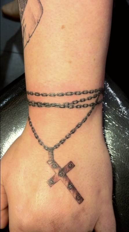 Awesome Chain Rosary Bracelet Tattoo On Wrist And Hand