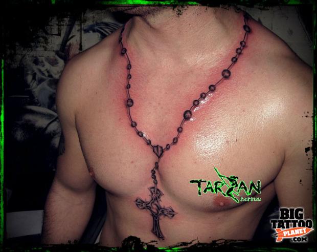 Awesome Chest Rosary Tattoo For Men