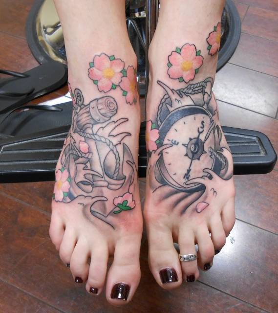 Awesome Floral Anchor Compass Tattoos On Feet For Women