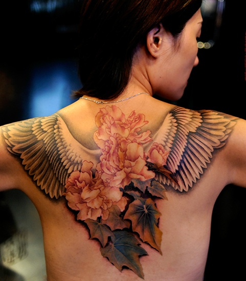 Awesome Floral Angel Wings Tattoo On Upper Back