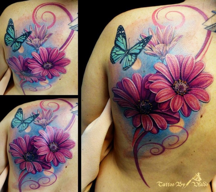 Awesome Flowers With Butterfly Tattoo On Upper Back