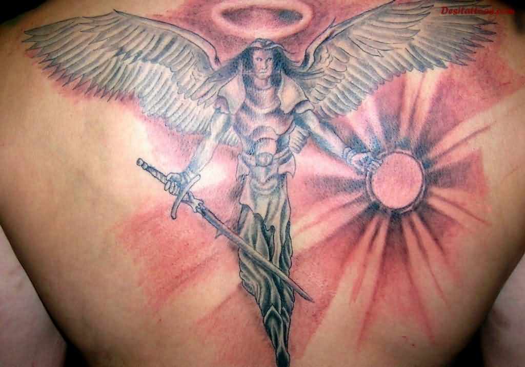Awesome Guardian Angel Tattoo On Upper Back