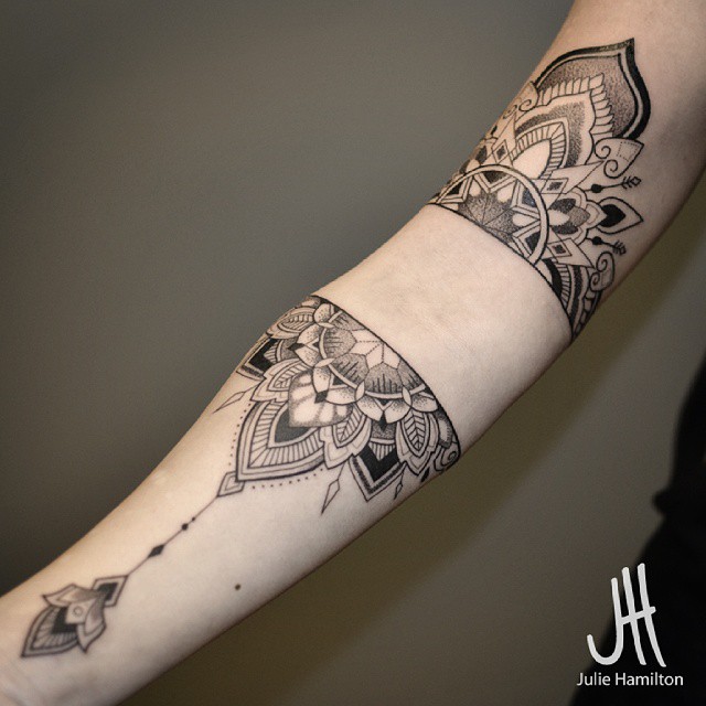 Awesome Half Mandala Tattoo On Sleeve By Julie Hamilton
