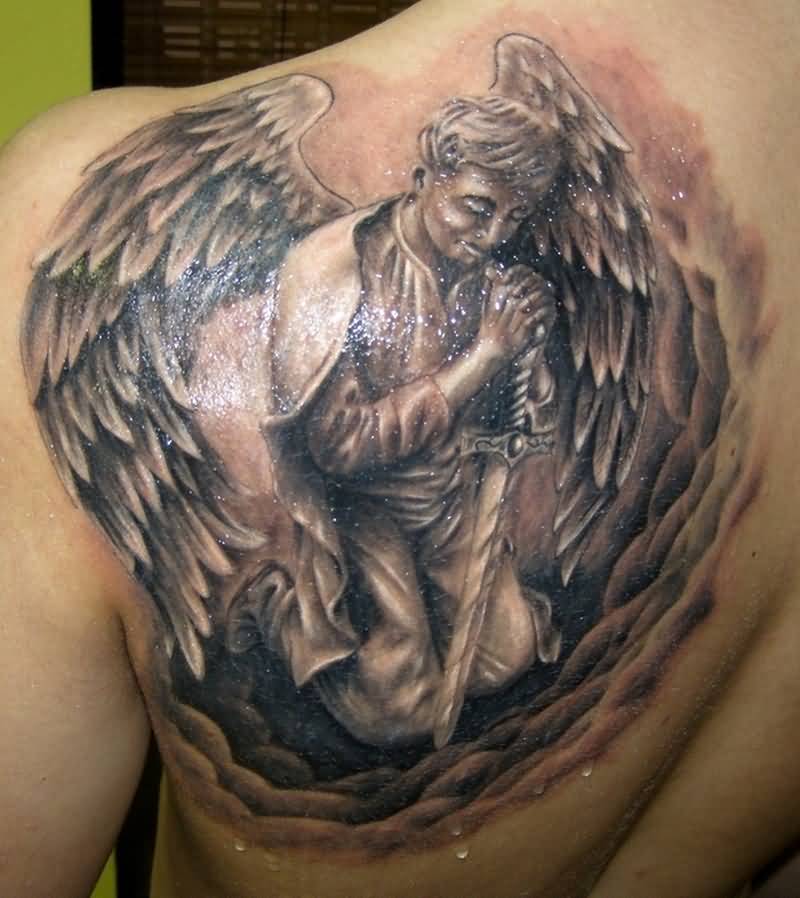 Awesome Male Praying Angel Tattoo On Left Back Shoulder For Men