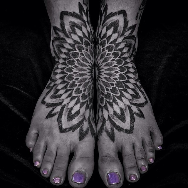 Awesome Mandala Flower Black And White Feet Tattoo For Women