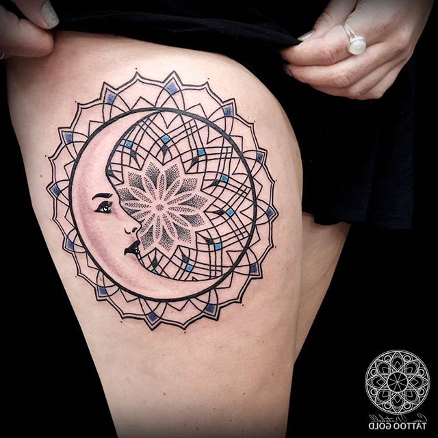 Awesome Mandala Moon Tattoo On Thigh By Coen Mitchel