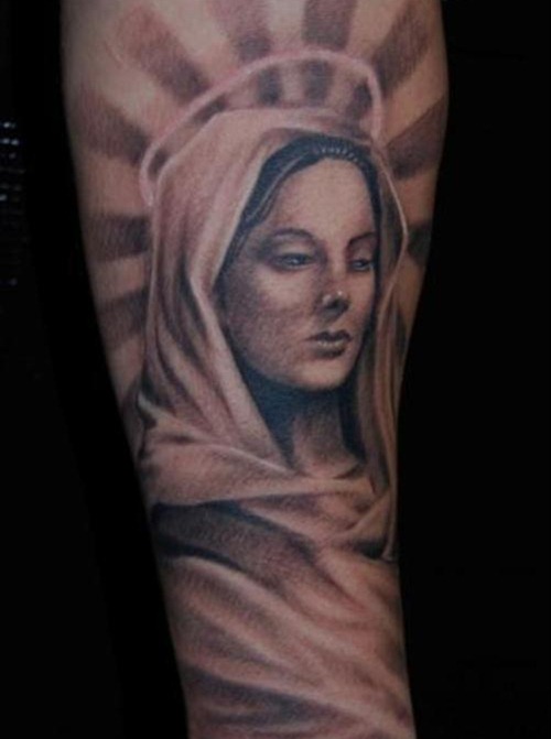 Awesome Mother Of God Christian Tattoo On Sleeve
