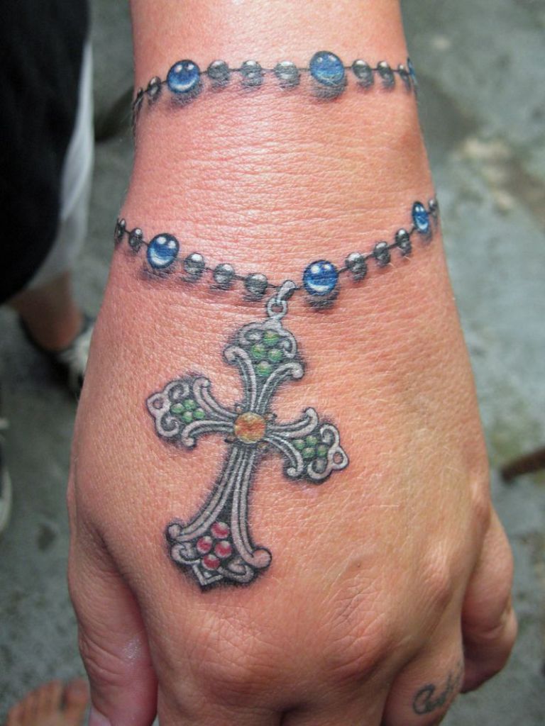 Awesome Realistic Rosary Wristband Tattoo