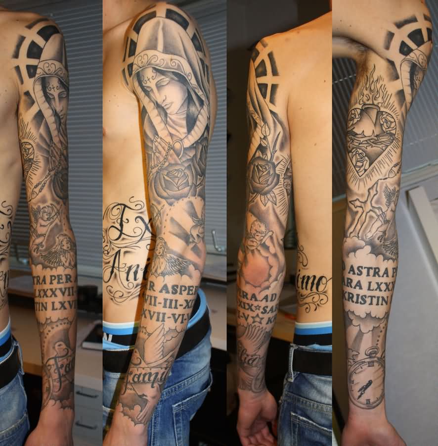 Awesome Religious Christian Tattoo On Full Sleeve
