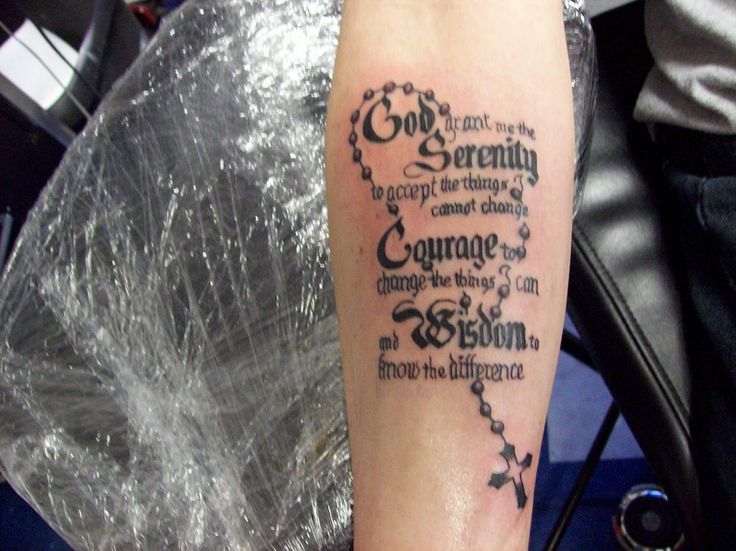 Awesome Rosary Script Tattoo On Forearm