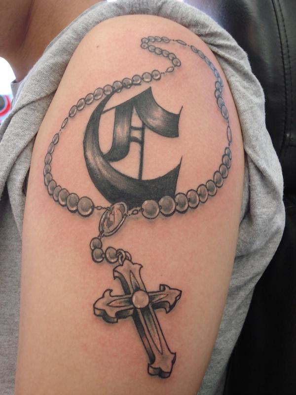 Awesome Rosary Symbol Tattoo On Left Shoulder By Dreekzilla