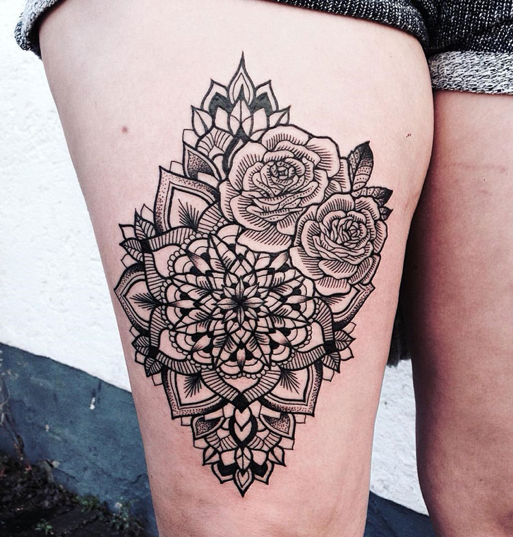 Awesome Roses Mandala Tattoo On Right Thigh