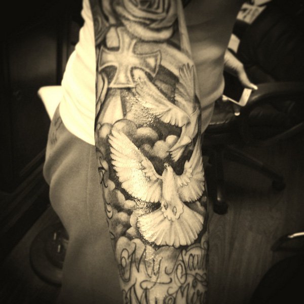 Awesome White Dove Tattoo On Full Sleeve