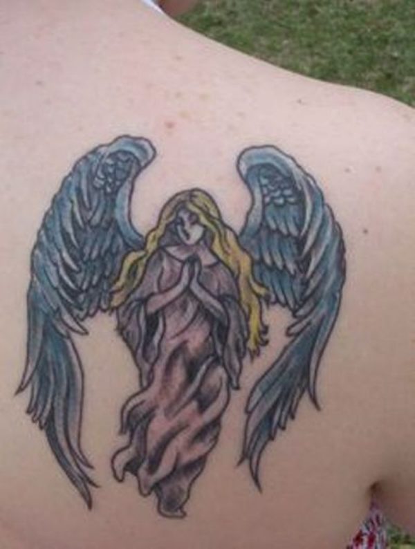 Awful Guardian Angel Tattoo On Back Shoulder