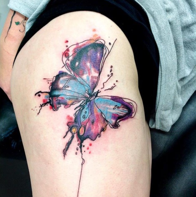 Awful Watercolor Butterfly Tattoo On Thigh For Girls