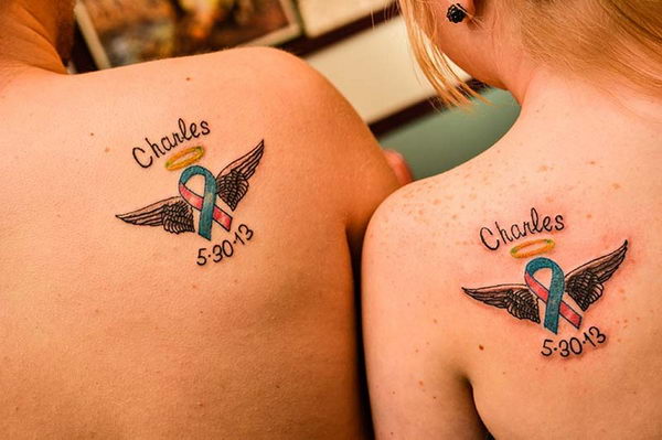 Baby Angel Memorial Matching Tattoos On Back Shoulder