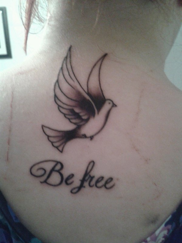 Be Free Dove Tattoo On Girl Upper Back