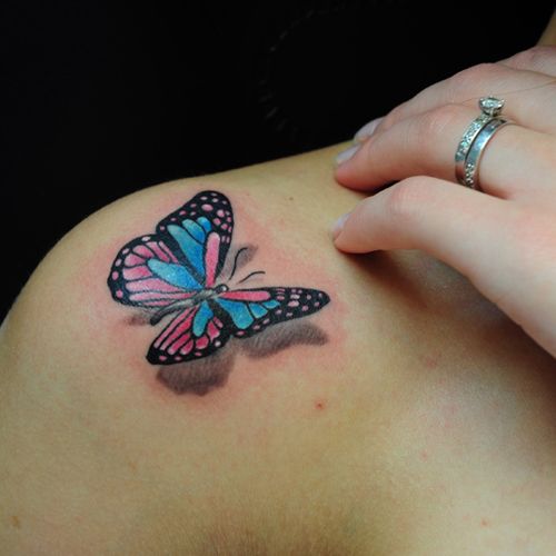 Beautiful 3D Colorful Butterfly Tattoo On Upper Shoulder