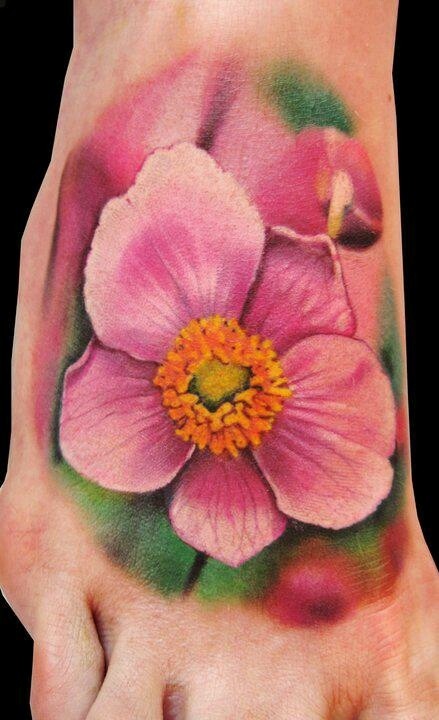 Beautiful 3D Pink Flower Tattoo On Foot