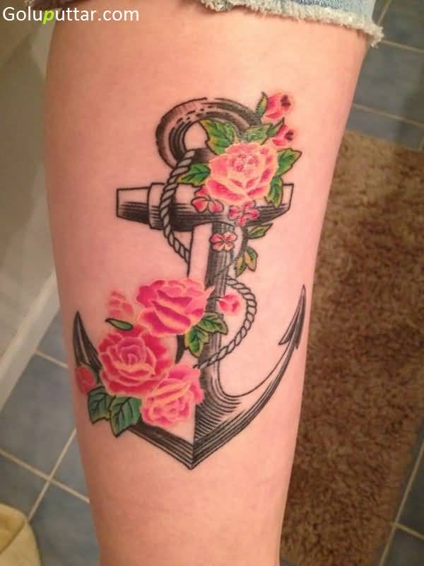 Beautiful Anchor And Roses Tattoo On Girl Leg