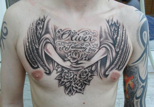 Beautiful Angel Memorial Tattoo On Chest