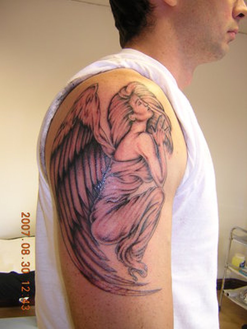 Beautiful Angel Tattoo On Man Right Shoulder