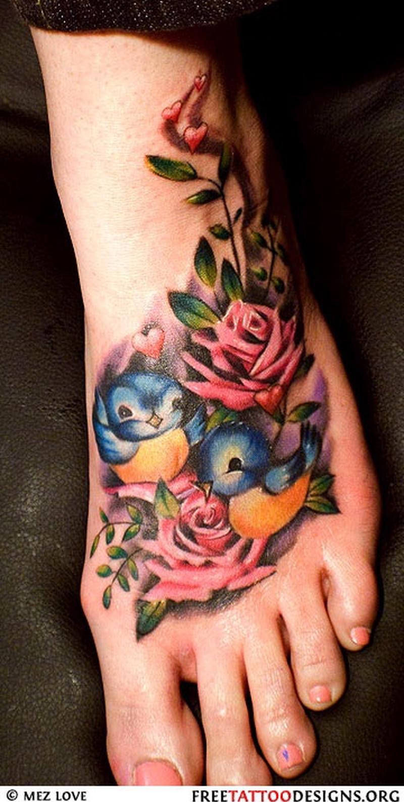 Beautiful Birds And Roses Foot Tattoo