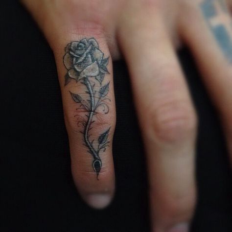 Beautiful Black And Grey Rose Flower Finger Tattoo