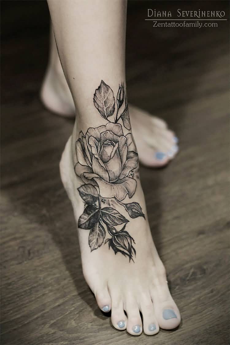 Beautiful Black Rose Foot Tattoo By Diana Severinenko1