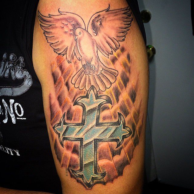 Beautiful Cross And Flying Dove Tattoo On Sleeve