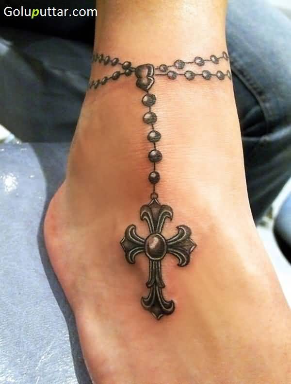 Beautiful Cross Rosary Ankle Bracelet Tattoo