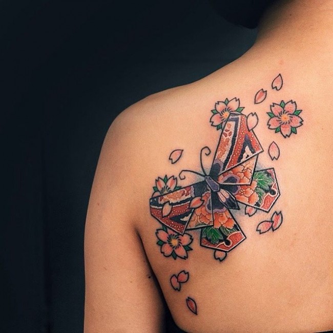 Beautiful Floral Butterfly Tattoo On Back Shoulder