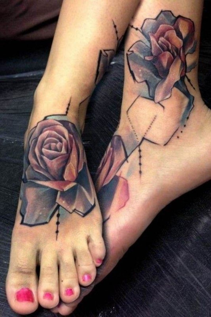 Beautiful Graphic Roses Tattoos On Girl Foots By Petra Hlavackova