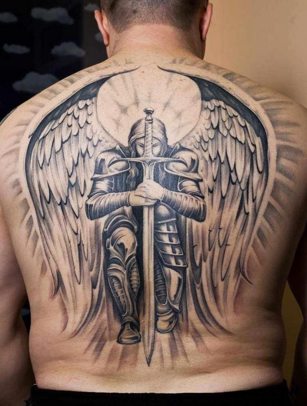 Beautiful Guardian Angel Tattoo On Full Back For Men
