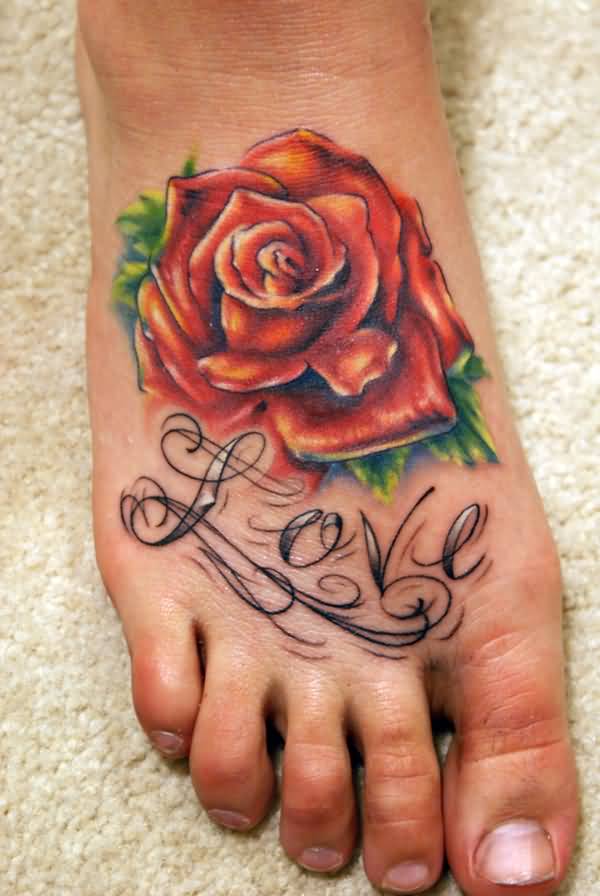 Beautiful Love Rose Flower Tattoo On Foot