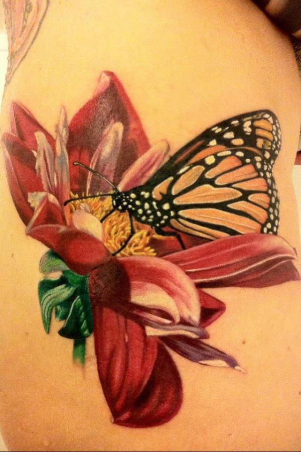 Beautiful Monarch Butterfly With Flower Tattoo For Girls