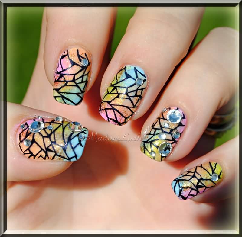 Beautiful Mosaic Spring Nail Art With Rhinestones Design