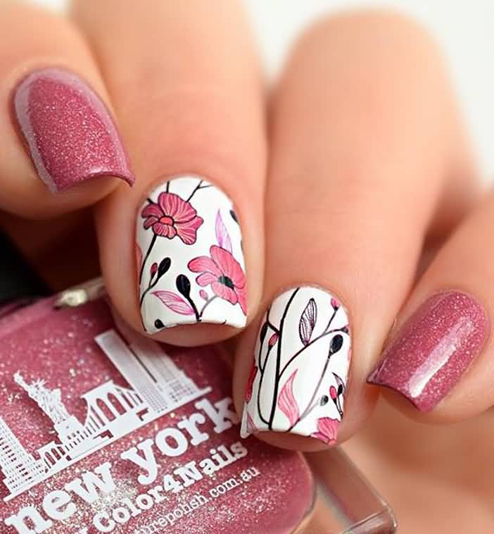 Beautiful Pink Spring Flowers Nail Art