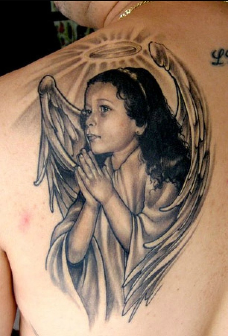 Beautiful Praying Angel Girl Tattoo On Back Shoulder For Men