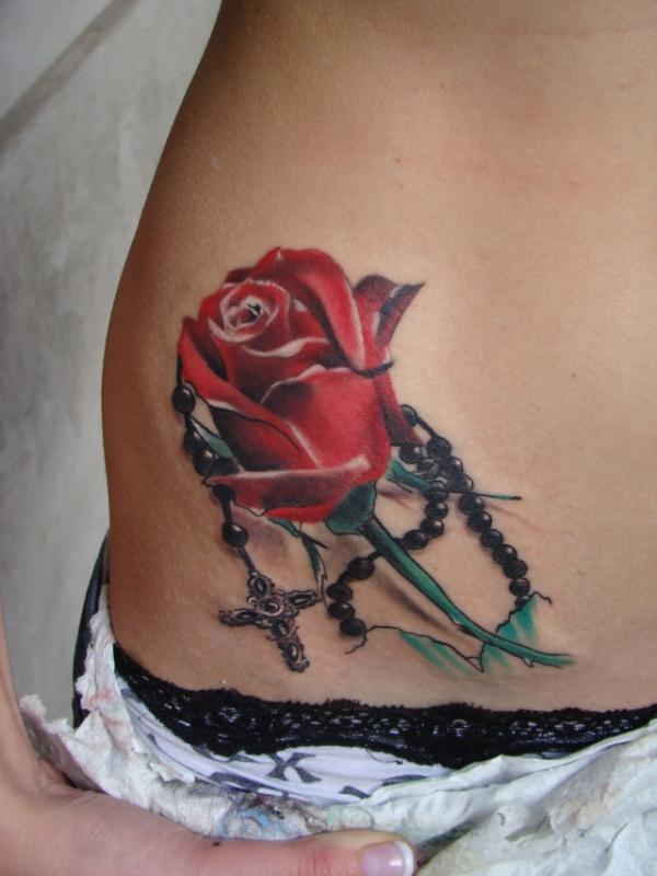 Beautiful Rose And Rosary Tattoo On Hip