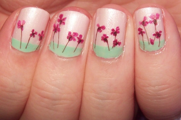 Beautiful Spring Flowers With Blue Half Moon Nail Art