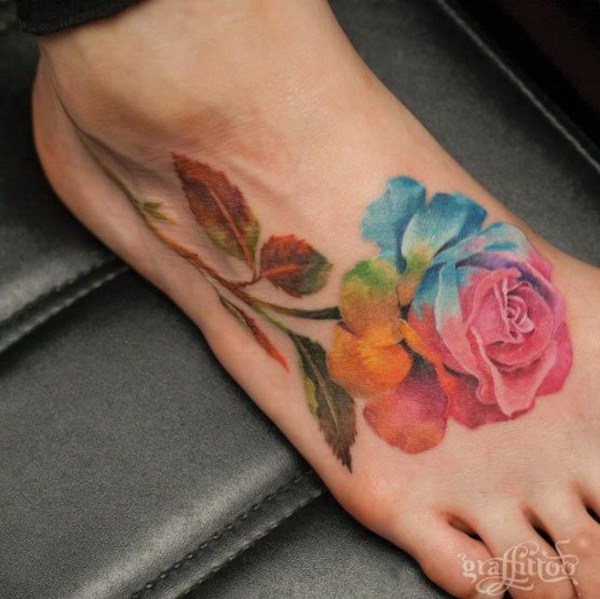 Beautiful Watercolor Rose Tattoo On Foot