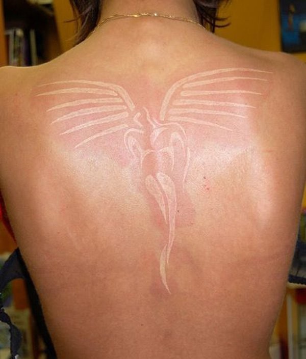 Beautiful White Ink Angel Tattoo On Upper Back