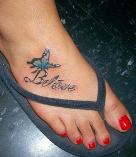 Believe Black And Blue Butterfly Tattoo On Girl Foot