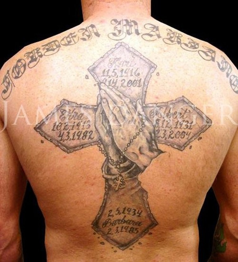Big Cross And Praying Hands Memorial Tattoo For Men
