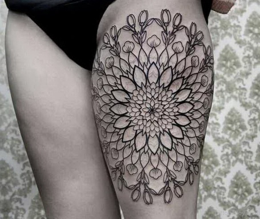 Big Floral Mandala Tattoo On Left Thigh
