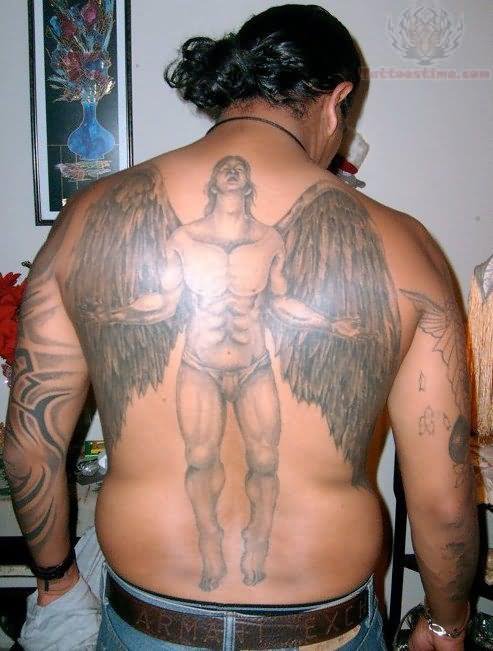 Big Man Angel Tattoo On Full Back