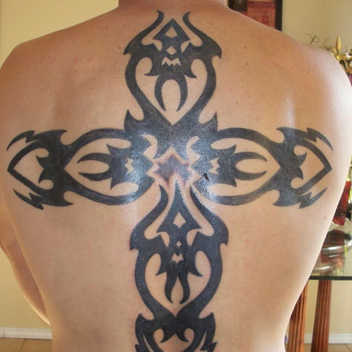 Big Tribal Cross Christian Tattoo On Full Back