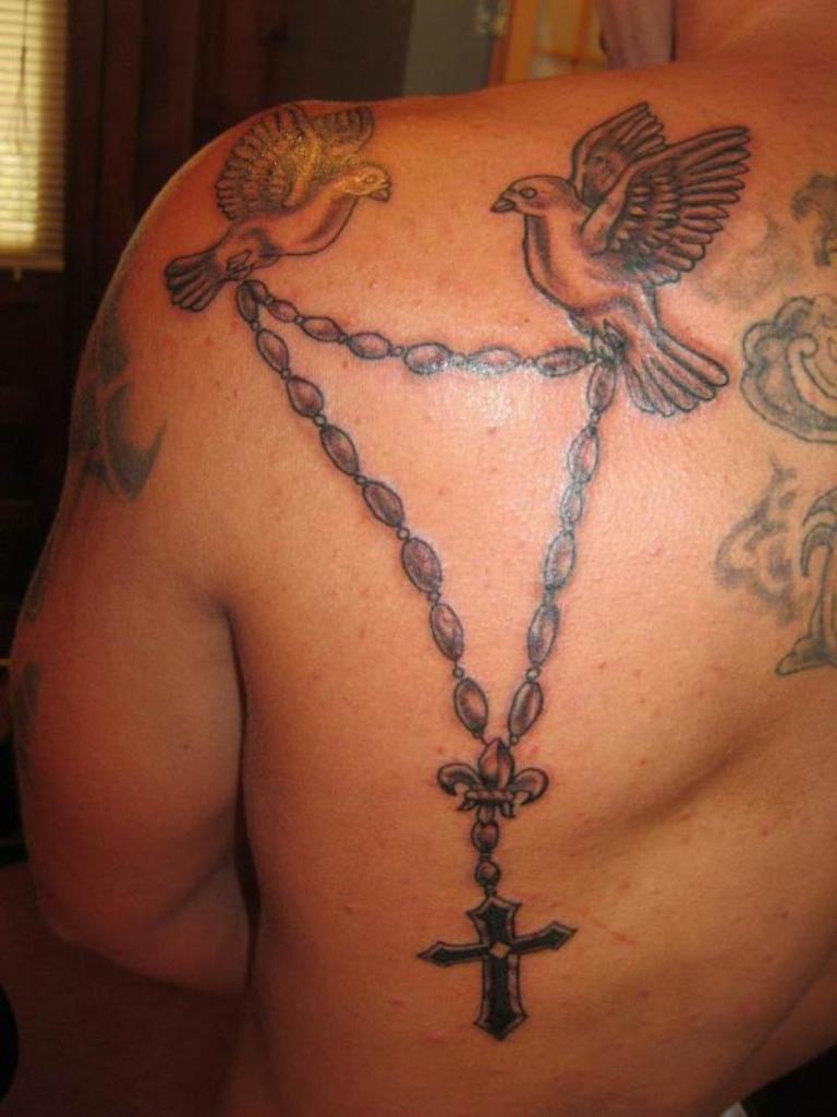 Birds Flying With Irish Rosary Tattoo On Man Back